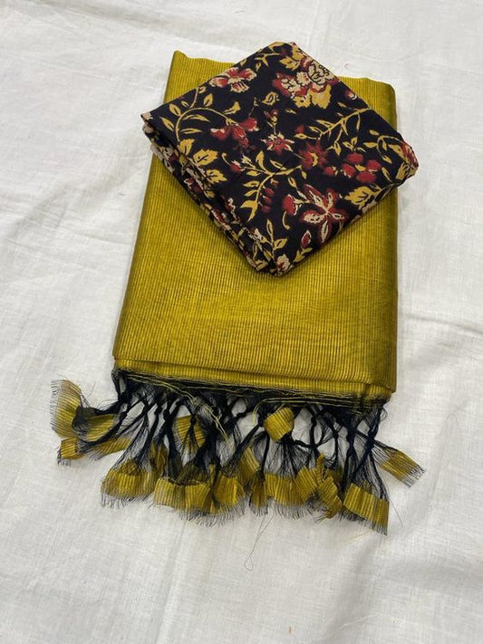Olive Colours Beautiful Row Silk Plain Saree With Print Blouse 1