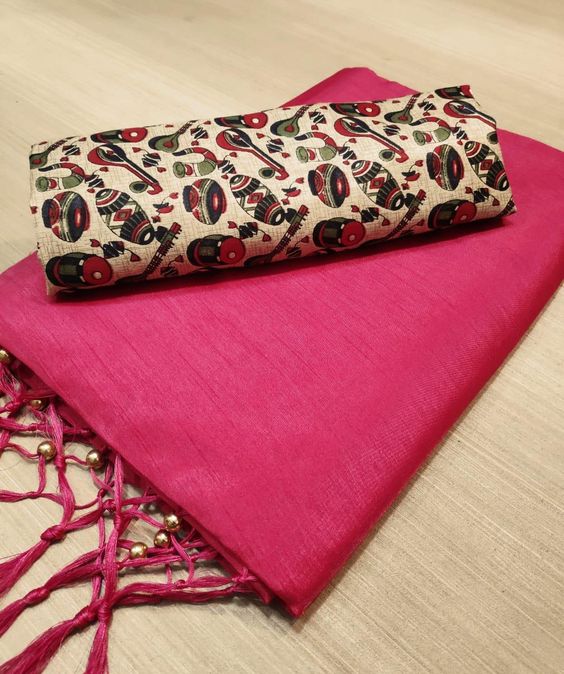 Dark Pink Colours Beautiful Row Silk Plain Saree With Print Blouse 11