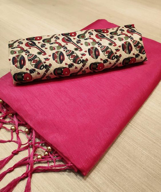 Dark Pink Colours Beautiful Row Silk Plain Saree With Print Blouse 11