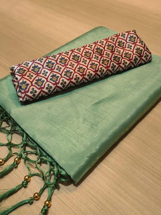 Mint Colours Beautiful Row Silk Plain Saree With Print Blouse 1