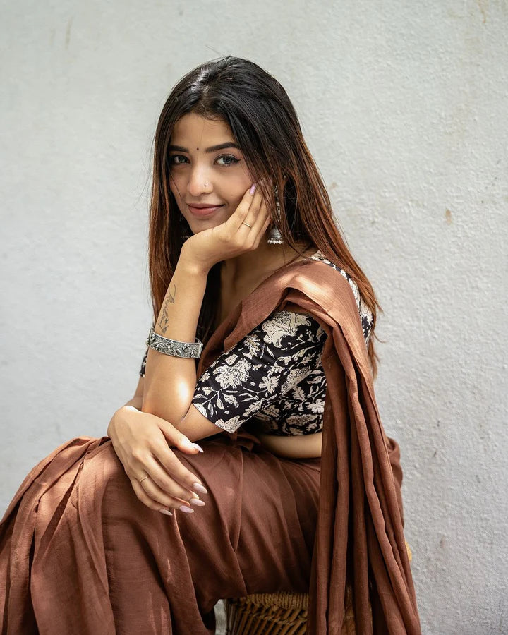 Coffee  Mangalagiri Plain Cotton Saree 16