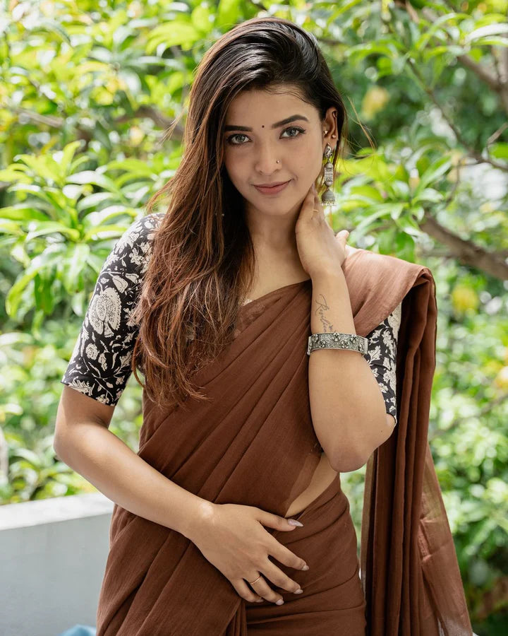 Coffee  Mangalagiri Plain Cotton Saree 16