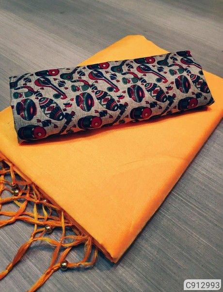 Yellow Colours Beautiful Row Silk Plain Saree With Print Blouse 16