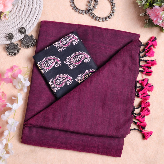Attractive Wine Plain Saree with Doll Print Blouse