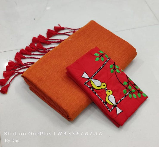 Looking Fire Orange Cotton Soft Silk Saree