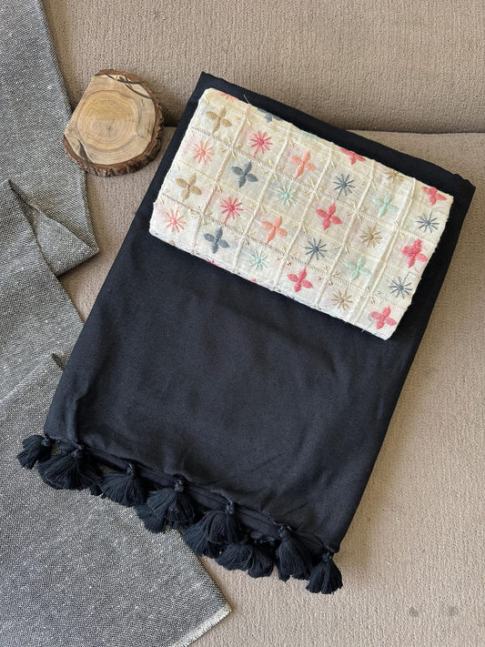 BLACK COLOUR TRADITIONAL LOOKING KHADI COTTON SAREE