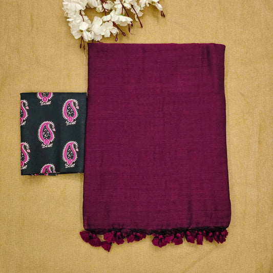 Attractive Purple  Plain Saree with Doll Print Blouse
