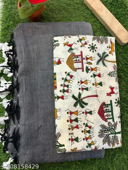 ATTRACTIVE GREY ,WHITE COLOUR TRADITIONAL LOOKING COTTON SAREE 3