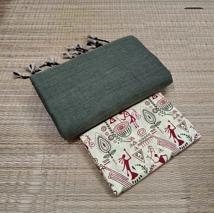 Grey green Colour Traditional Looking Chanderi Cotton Saree