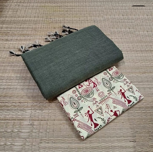 Grey green Colour Traditional Looking Chanderi Cotton Saree