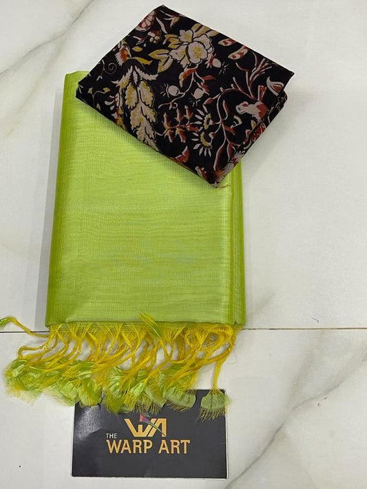 Light Green Colours Beautiful Row Silk Plain Saree With Print Blouse 5