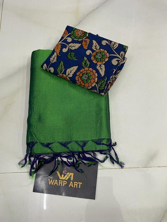 Green Colours Beautiful Row Silk Plain Saree With Print Blouse 6