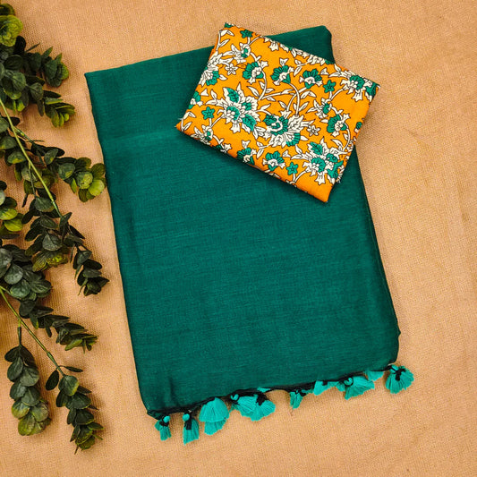 Beautiful Rama Plain Saree with Designer Blouse