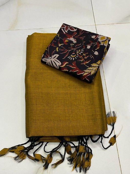 Multi Colours Beautiful Row Silk Plain Saree With Print Blouse 8