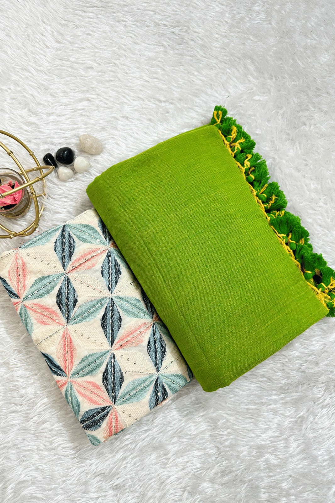 Henna Green Khadi Saree with designer Blouse