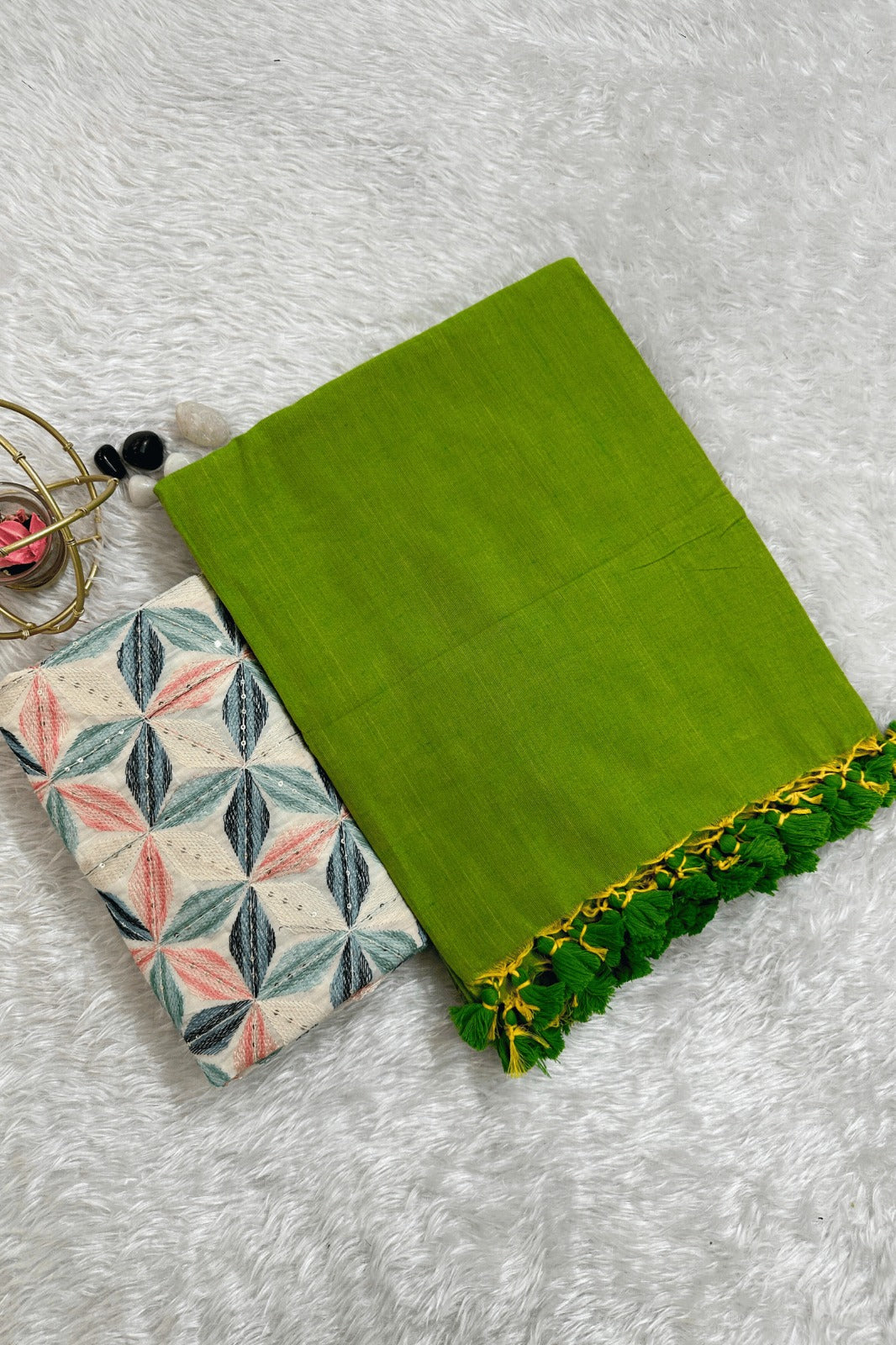 Henna Green Khadi Saree with designer Blouse
