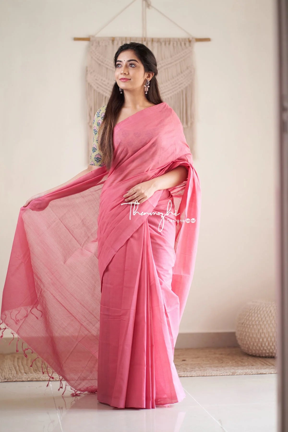 Bubblegum - Pink Mangalagiri Plain Cotton Saree 08