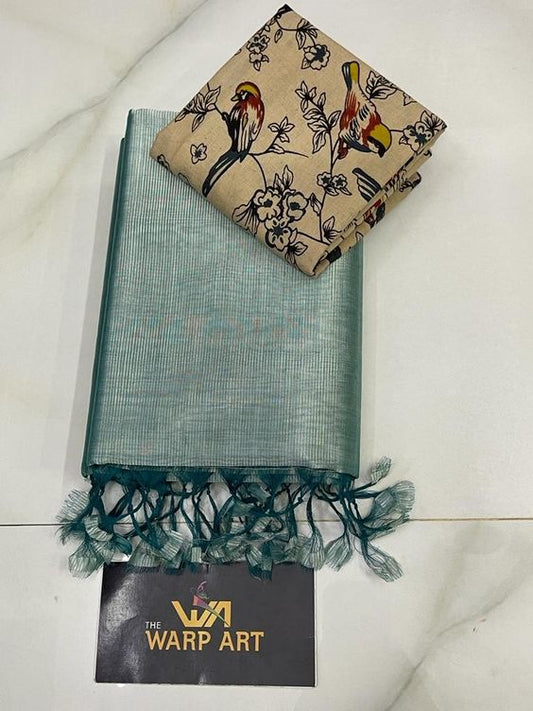 Teal Colours Beautiful Row Silk Plain Saree With Print Blouse 9