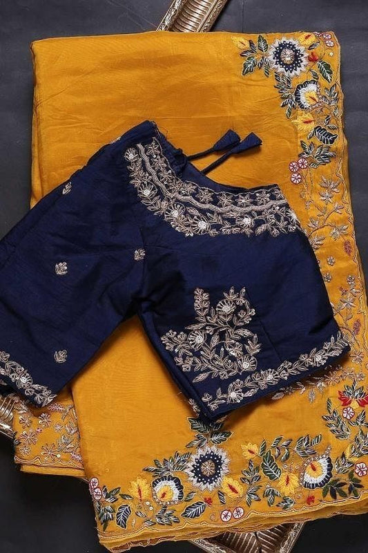 Yellow Colour Embroidery And Thread Work Designer Saree With Blouse