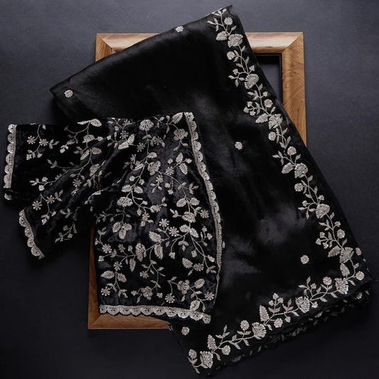 Black Colour Rangoli Silk Embroidery Work Saree With Blouse
