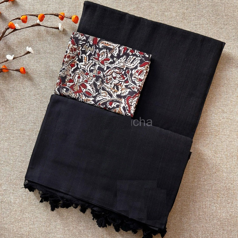 Beautiful Black Cotton Plain Saree with Kalamkari Blouse