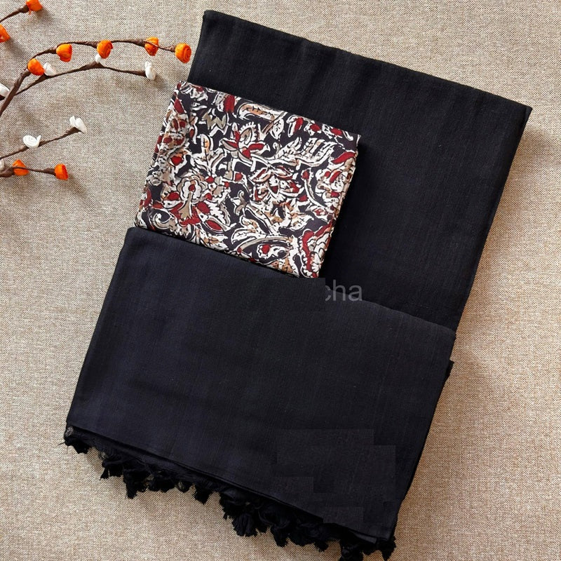 Beautiful Black Cotton Plain Saree with Kalamkari Blouse