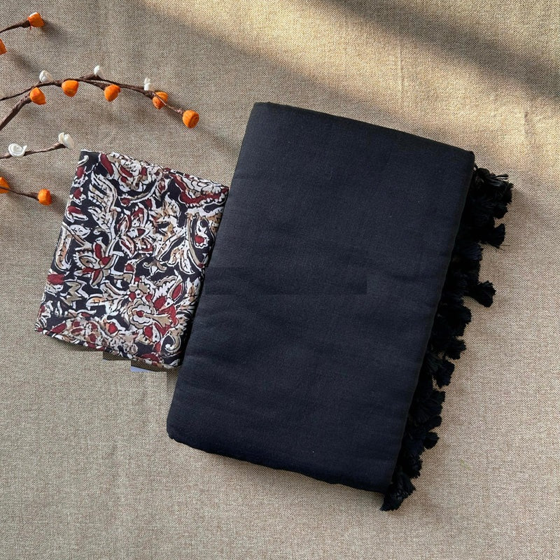 Beautiful Black Cotton Plain Saree with Kalamkari Blouse