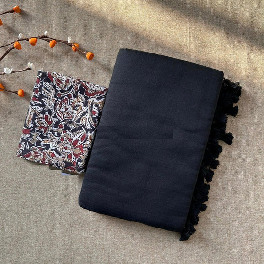 Beautiful Black Cotton Plain Saree with Kalamkari Blouse