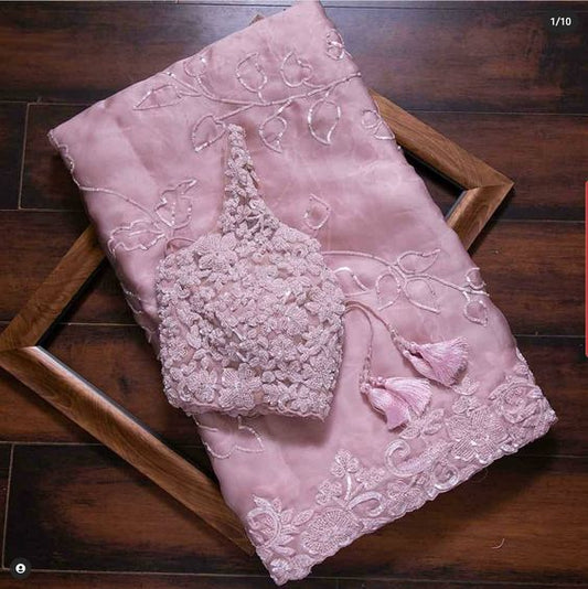 Peach Color Rangoli Silk Embroidery Work Saree With Blouse
