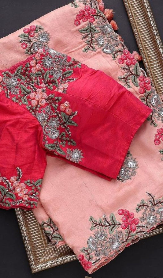 Baby Pink Colour Rangoli Silk Embroidery Work Saree With Blouse