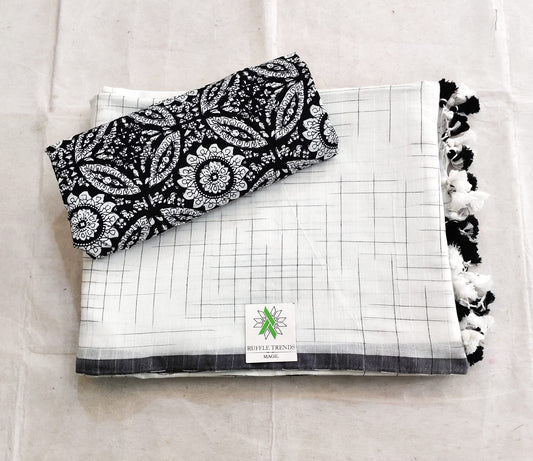 WHITE. BLACK COLOUR TRADITIONAL LOOKING CHANDERI COTTON SAREE