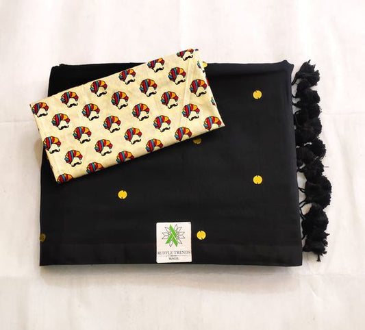 BLACK.OFF WHITE  COLOUR TRADITIONAL LOOKING CHANDERI COTTON SAREE