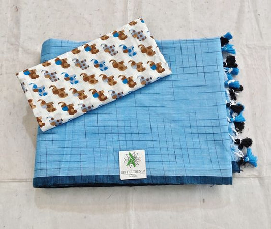 BABY BLUE . WHITE  COLOUR TRADITIONAL LOOKING CHANDERI COTTON SAREE