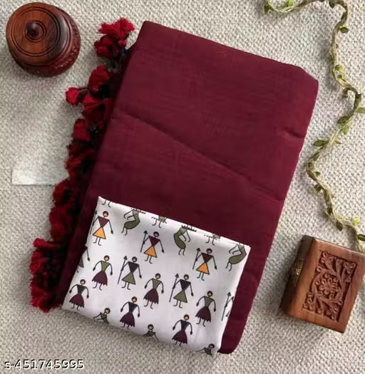 MAROON HANDLOOM COTTON SAREE WITH DOLL PRINT BLOUSE