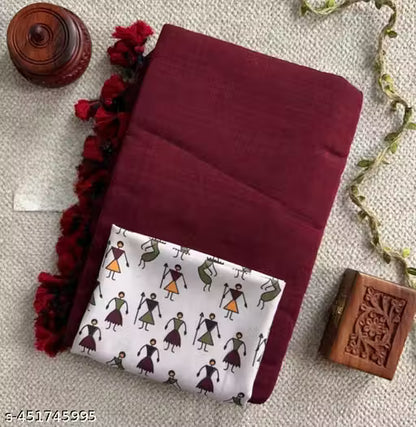 MAROON HANDLOOM COTTON SAREE WITH DOLL PRINT BLOUSE