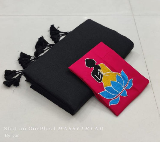 Looking Intense Black Cotton Soft Silk Saree