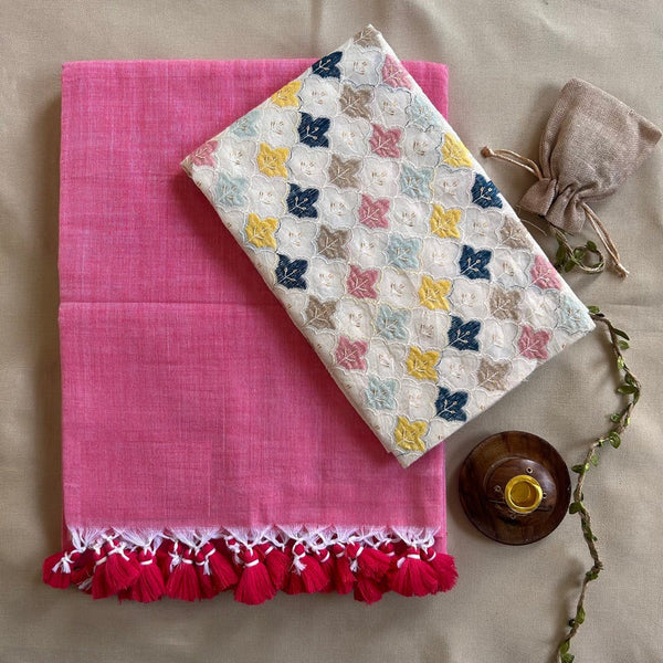 PEACH HANDLOOM COTTON SAREE WITH DESIGNER BLOUSE