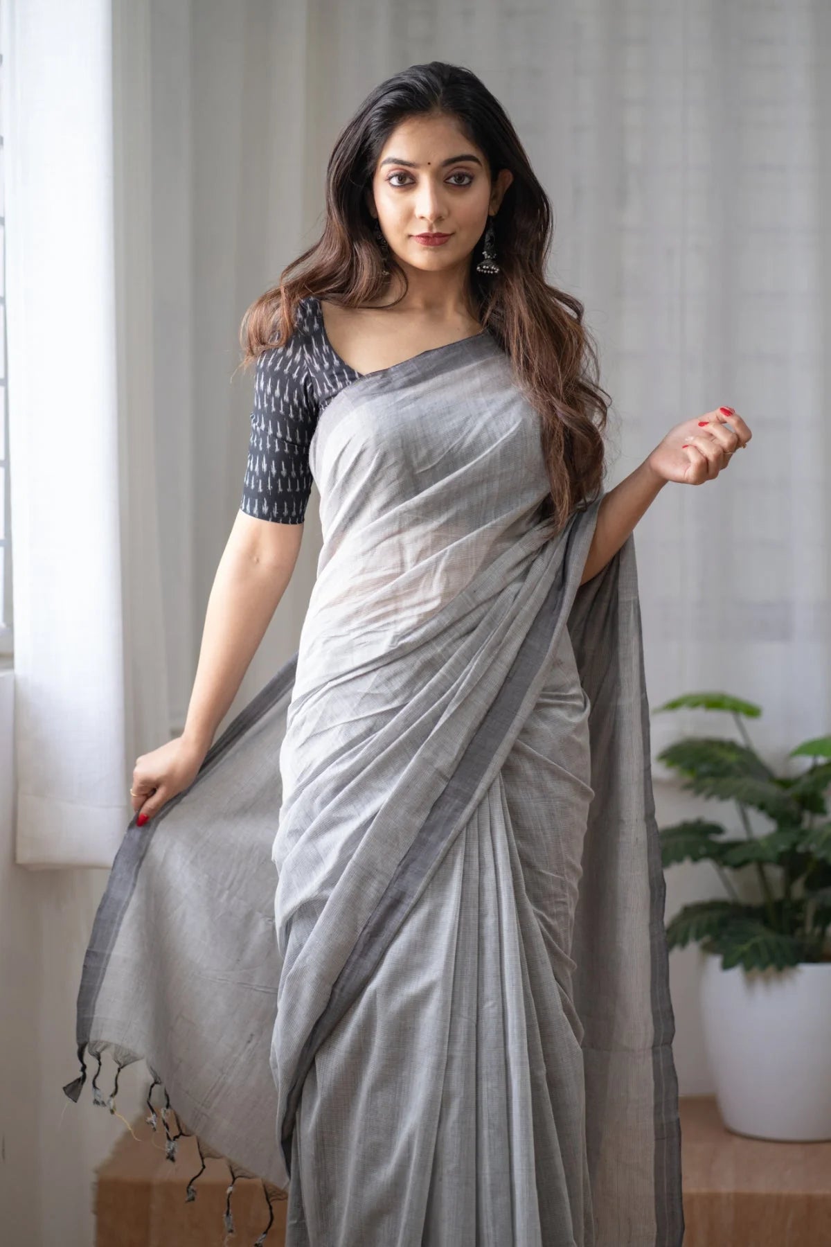 Grey Buttercream - Grey Mangalagiri Plain Cotton Saree 13