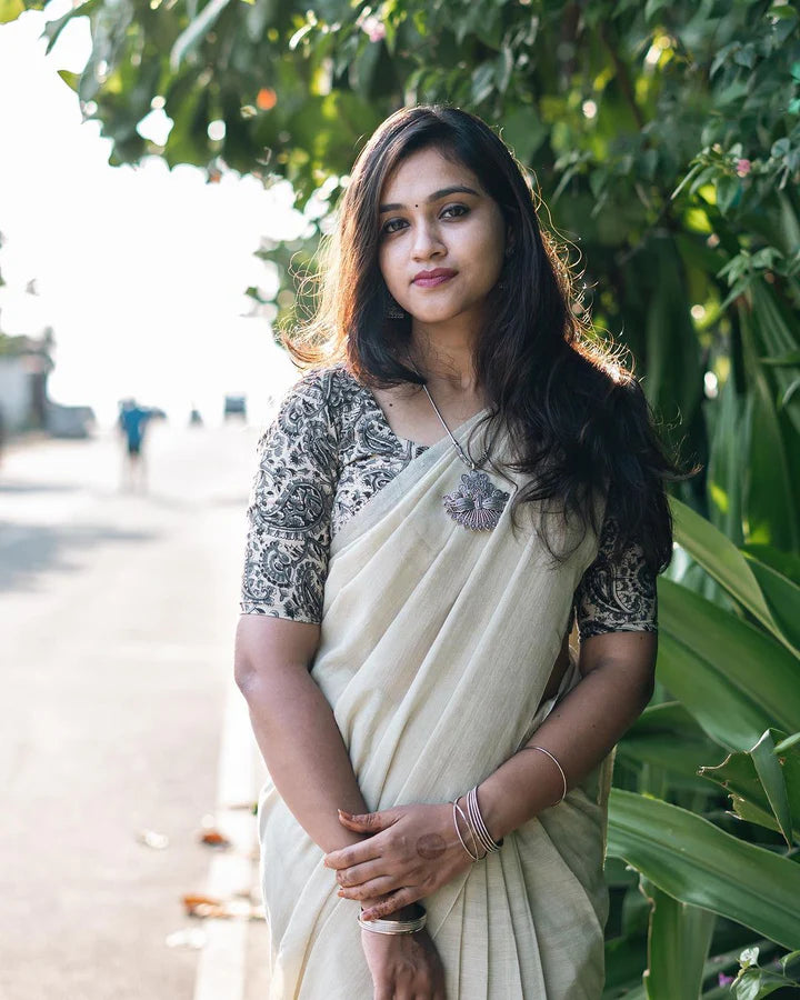 Bubblegum - White Mangalagiri Plain Cotton Saree 15