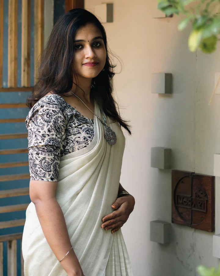 Bubblegum - White Mangalagiri Plain Cotton Saree 15