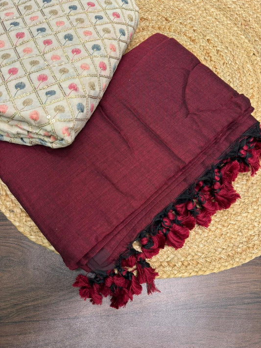 MAROON COLOUR TRADITIONAL LOOKING KHADI COTTON SAREE