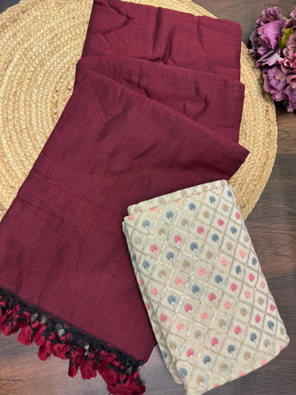 MAROON COLOUR TRADITIONAL LOOKING KHADI COTTON SAREE