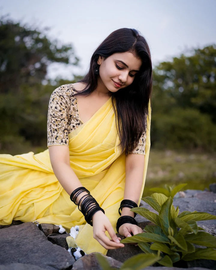 Light Yellow  Mangalagiri Plain Cotton Saree 17