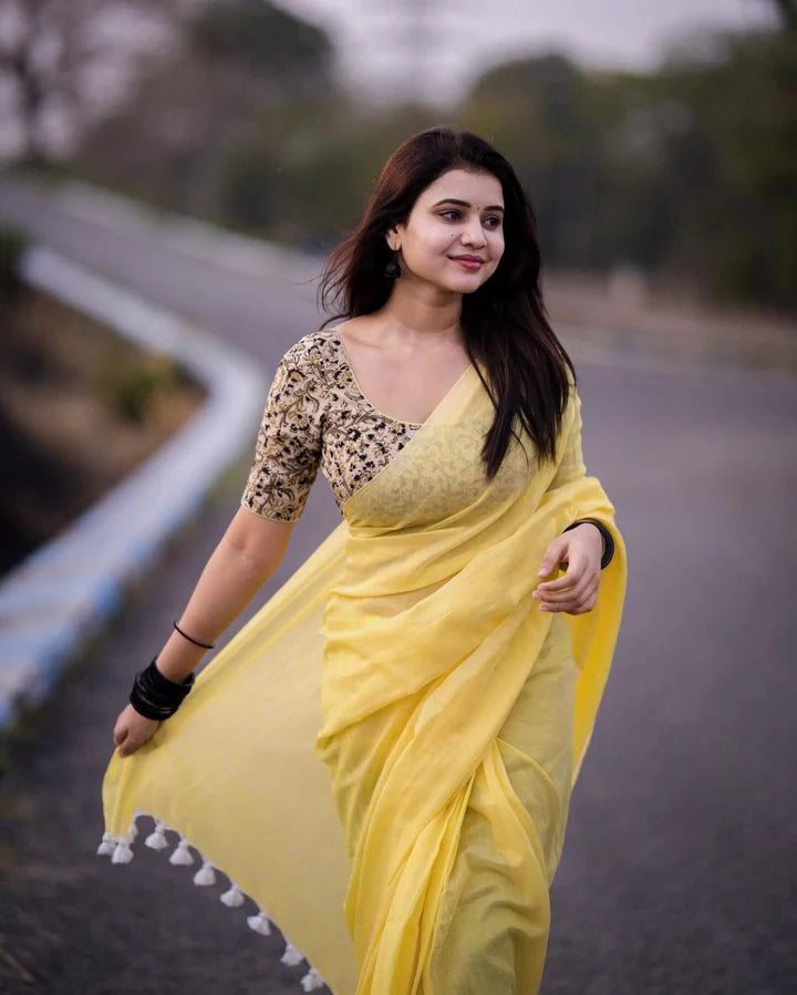 Light Yellow  Mangalagiri Plain Cotton Saree 17