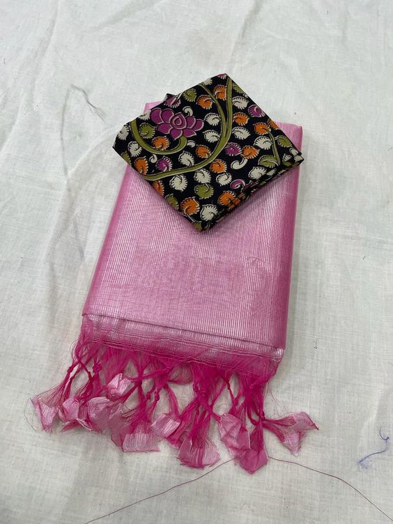 Baby Pink Beautiful Row Silk Plain Saree With Print Blouse 1