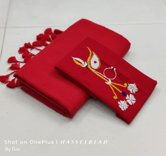 Looking Ruby Red Cotton Soft Silk Saree