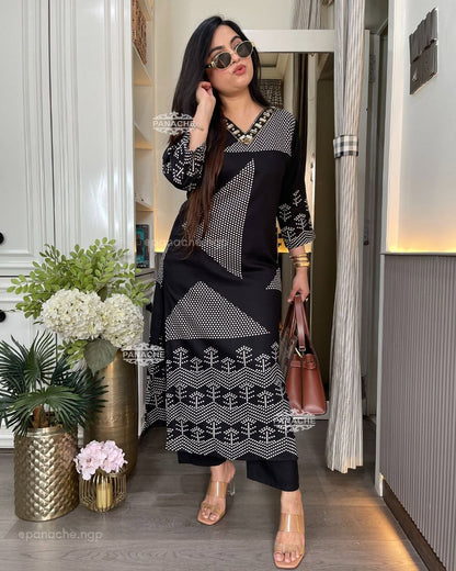 Mustard Cotton Black V-Neck Printed Kurta Pant Set for Women