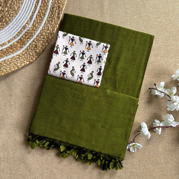 MEHNDI HANDLOOM COTTON SAREE WITH DOLL PRINT BLOUSE
