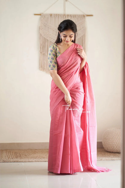 Bubblegum - Pink Mangalagiri Plain Cotton Saree 08