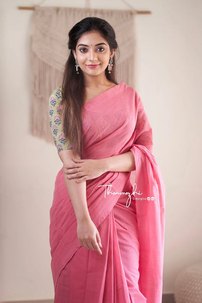 Bubblegum - Pink Mangalagiri Plain Cotton Saree 08